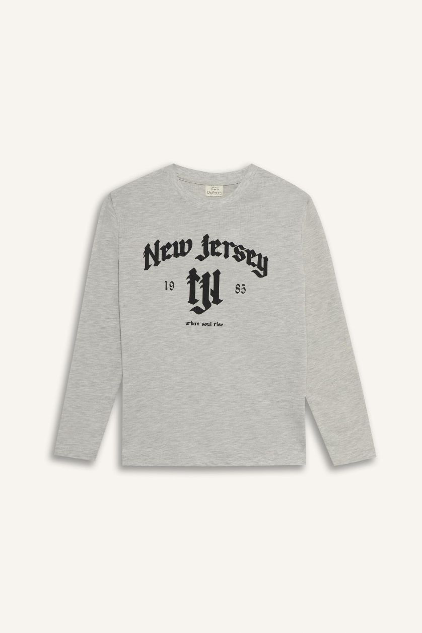 أولاد ميلانج رمادي فاتح تيشيرت كم طويل قصة عادية بياقة مستديرة