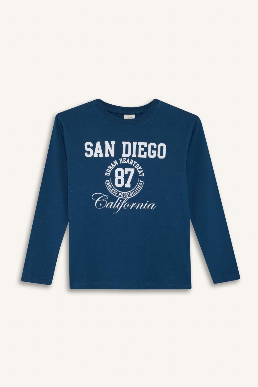 أولاد نيلي تيشيرت كم طويل قصة عادية بياقة مستديرة