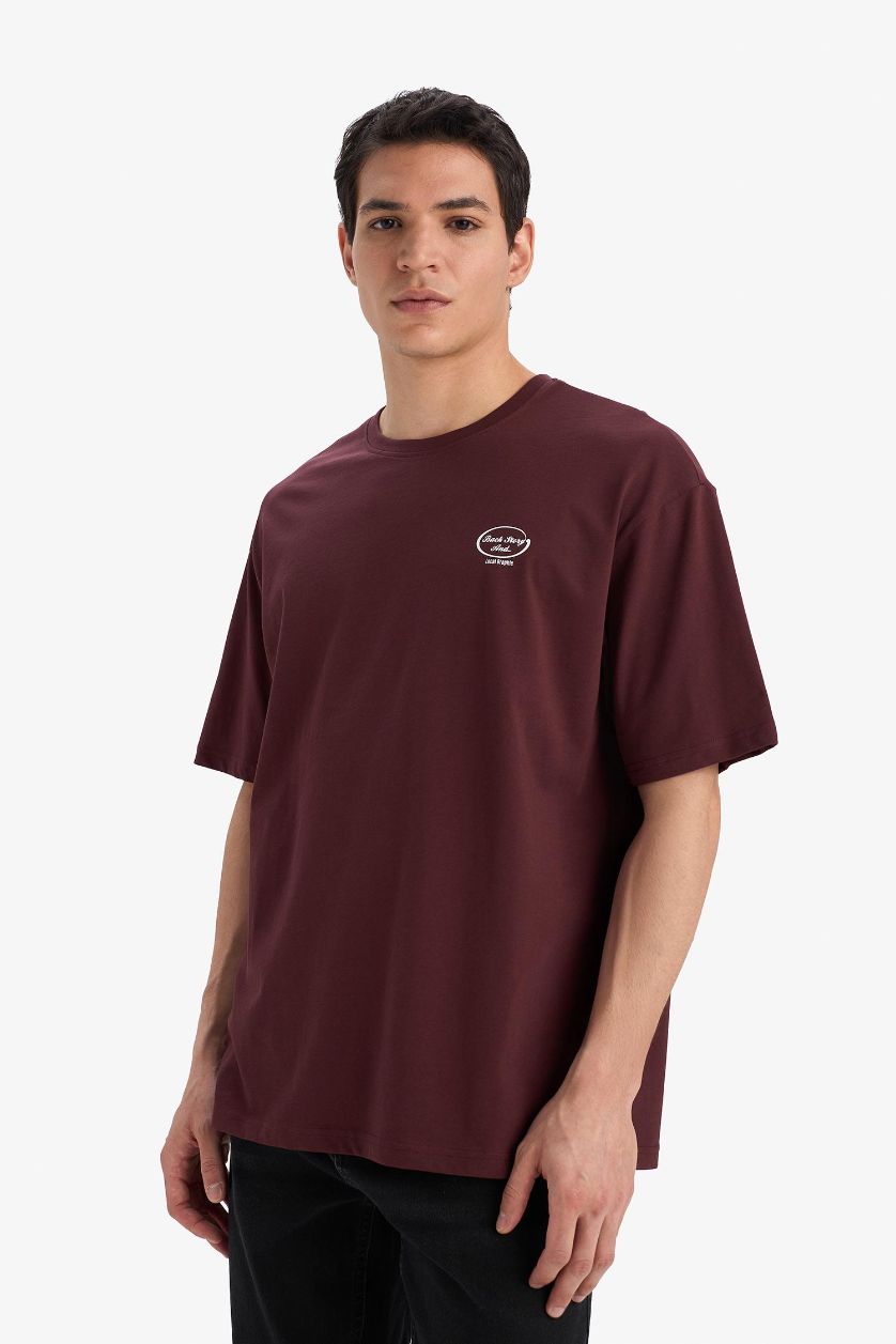 Erkek Koyu Bordo %100 Pamuk Boxy Fit Baskılı Tişört
