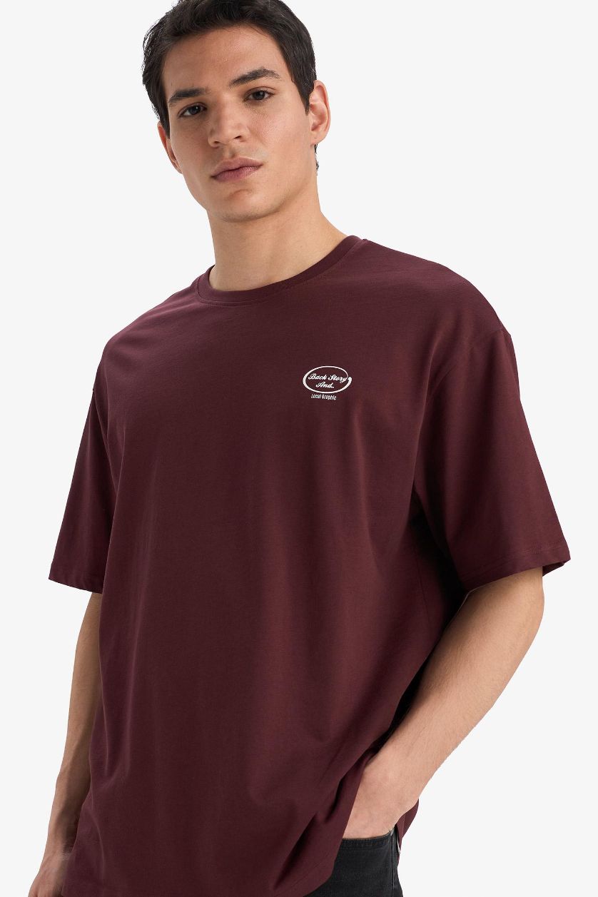 Erkek Koyu Bordo %100 Pamuk Boxy Fit Baskılı Tişört