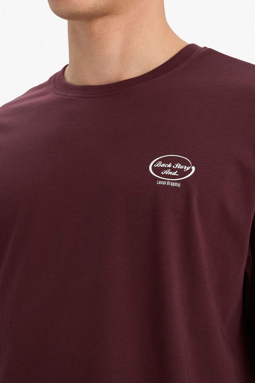 Erkek Koyu Bordo %100 Pamuk Boxy Fit Baskılı Tişört