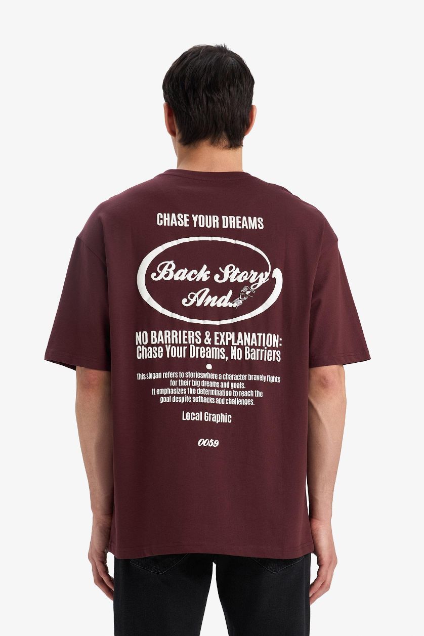 Erkek Koyu Bordo %100 Pamuk Boxy Fit Baskılı Tişört