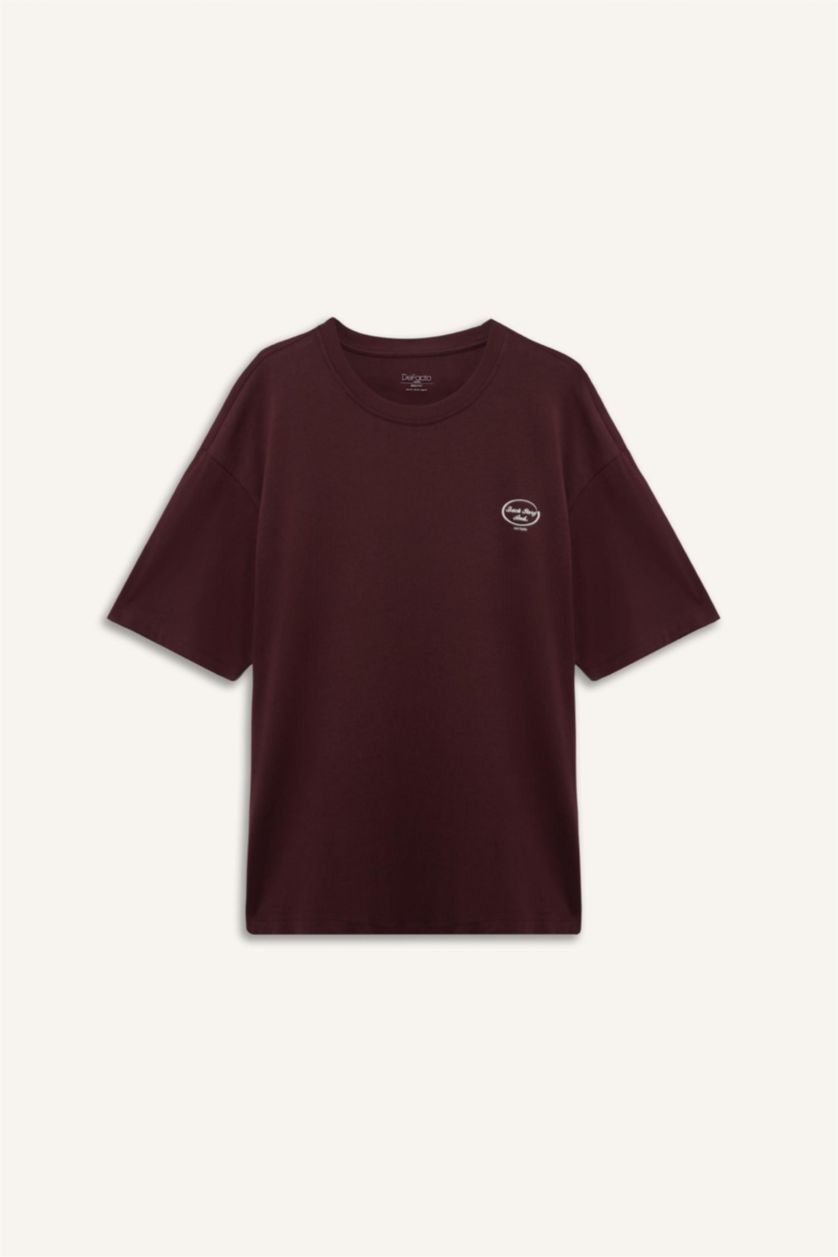Erkek Koyu Bordo %100 Pamuk Boxy Fit Baskılı Tişört