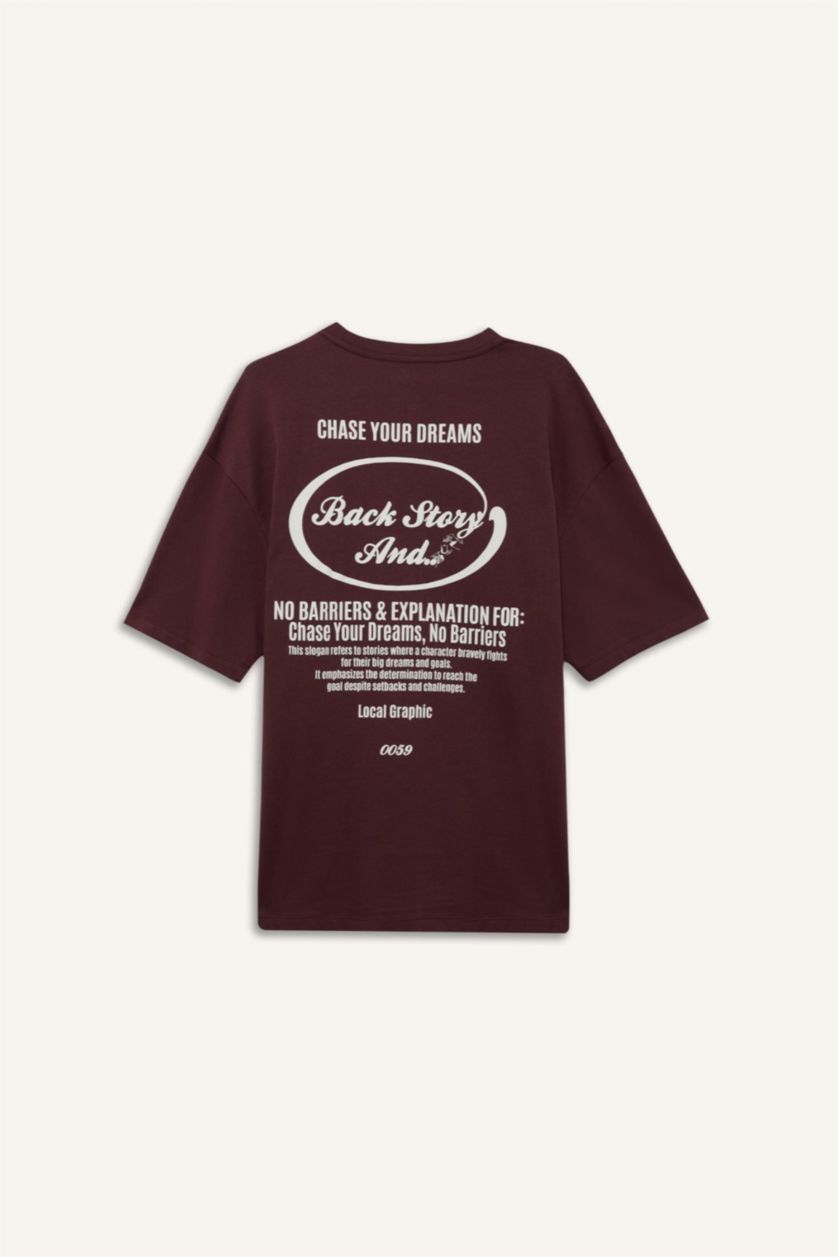 Erkek Koyu Bordo %100 Pamuk Boxy Fit Baskılı Tişört