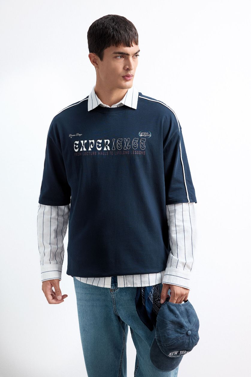 Erkek Lacivert %100 Pamuk Boxy Fit Baskılı Tişört