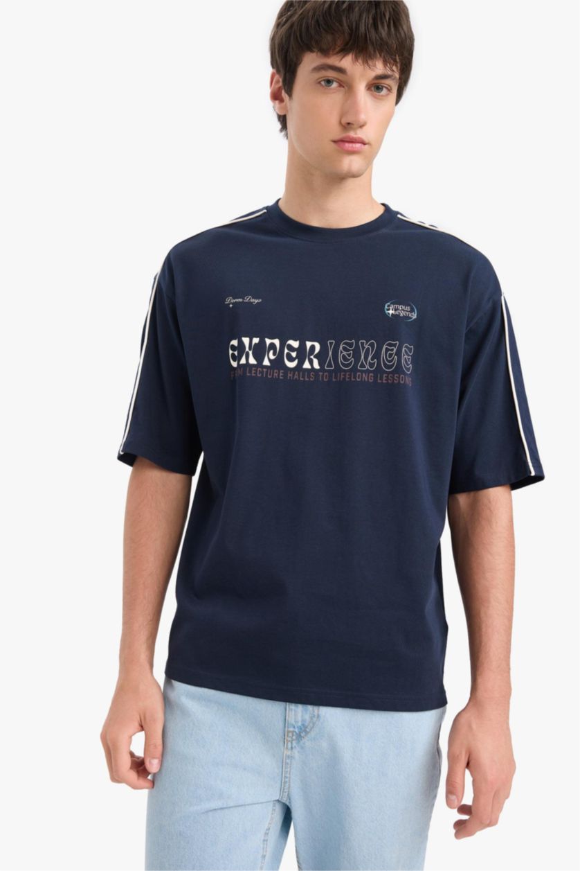 Erkek Lacivert %100 Pamuk Boxy Fit Baskılı Tişört