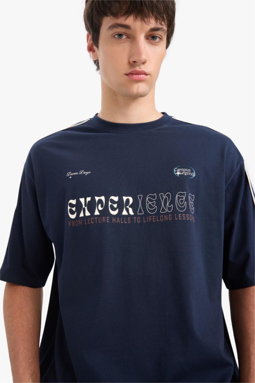 Erkek Lacivert %100 Pamuk Boxy Fit Baskılı Tişört