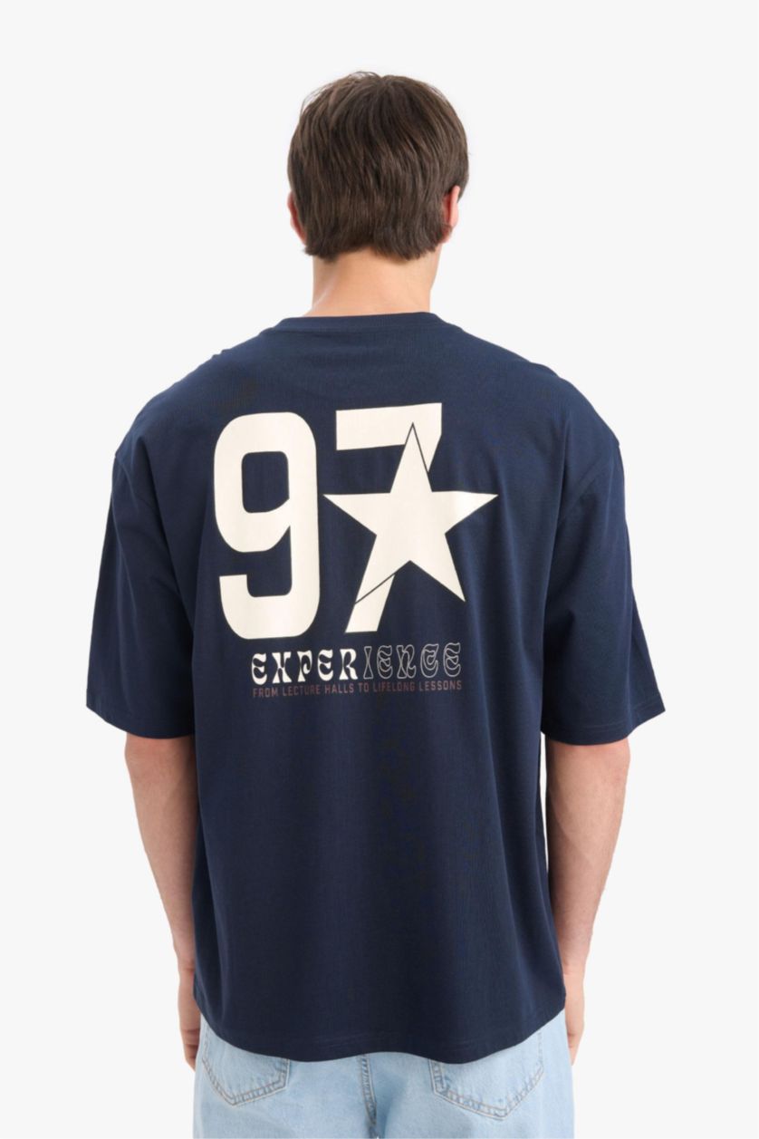 Erkek Lacivert %100 Pamuk Boxy Fit Baskılı Tişört