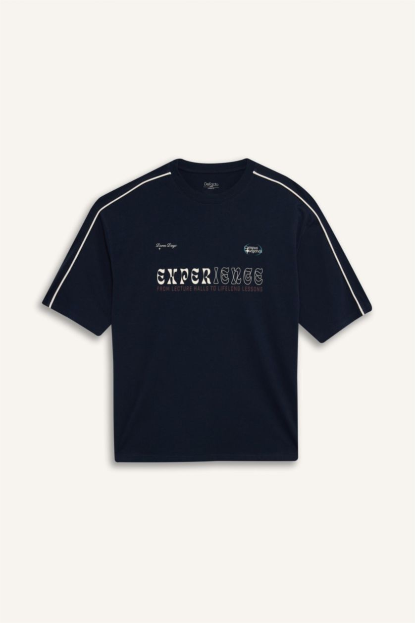 Erkek Lacivert %100 Pamuk Boxy Fit Baskılı Tişört