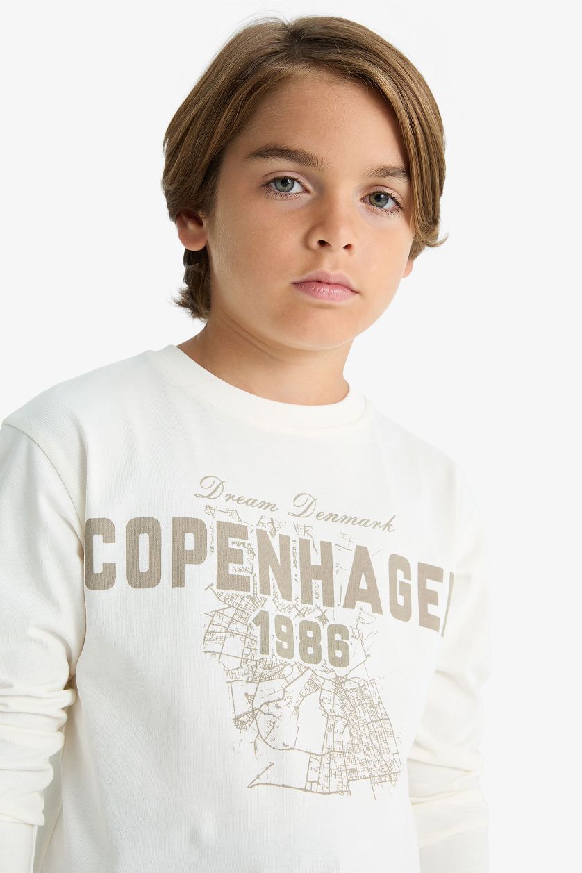 Erkek Çocuk - Genç Erkek Ekru Bisiklet Yaka Baskılı Uzun Kollu Tişört Erkek Çocuk