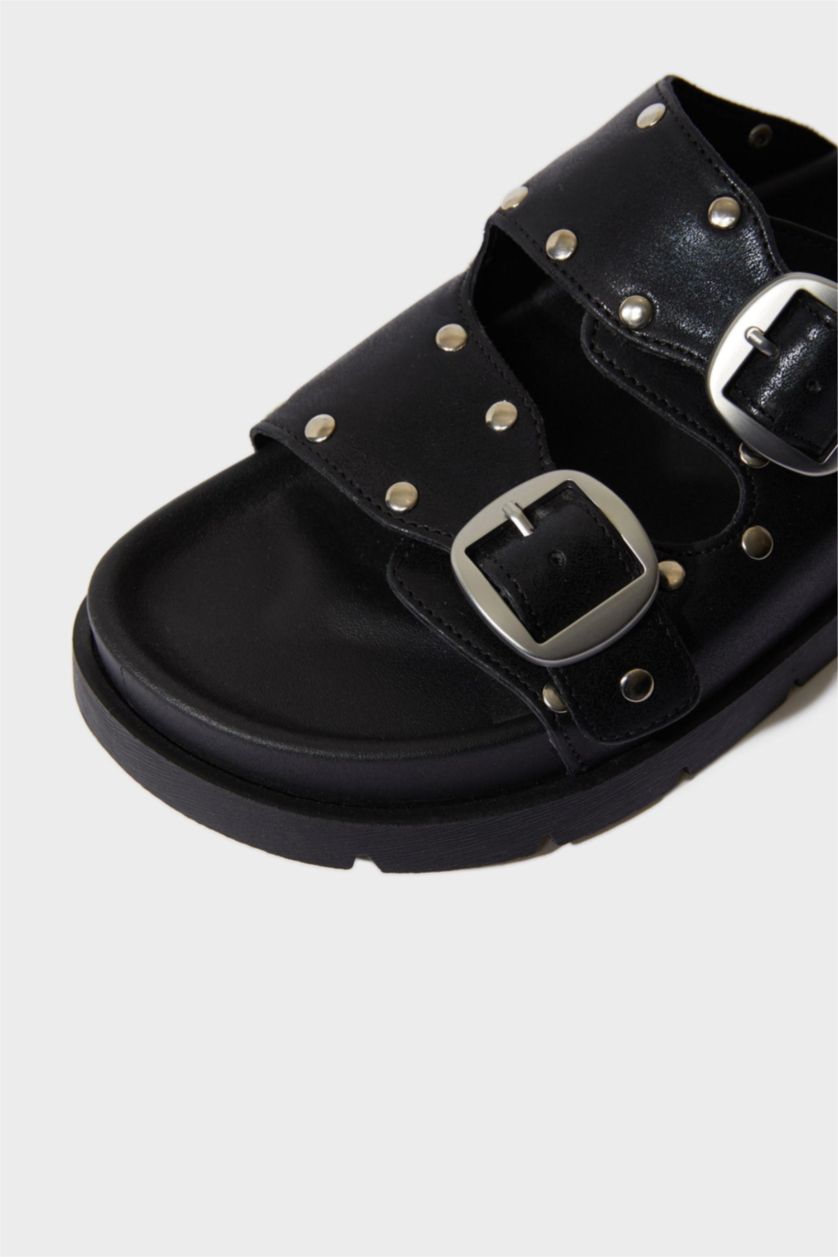 FEMME Noir Sandales à deux brides en simili cuir pour femme