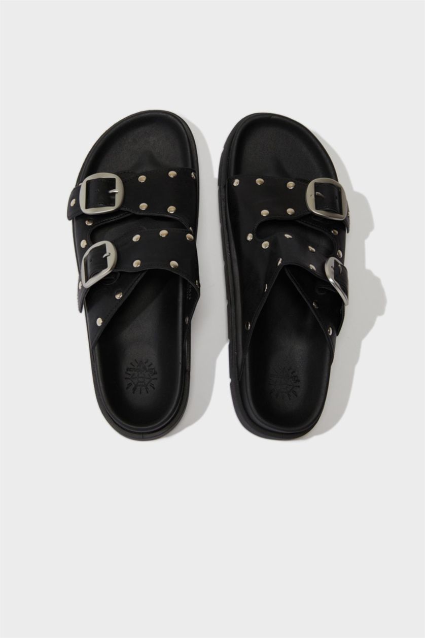 FEMME Noir Sandales à deux brides en simili cuir pour femme