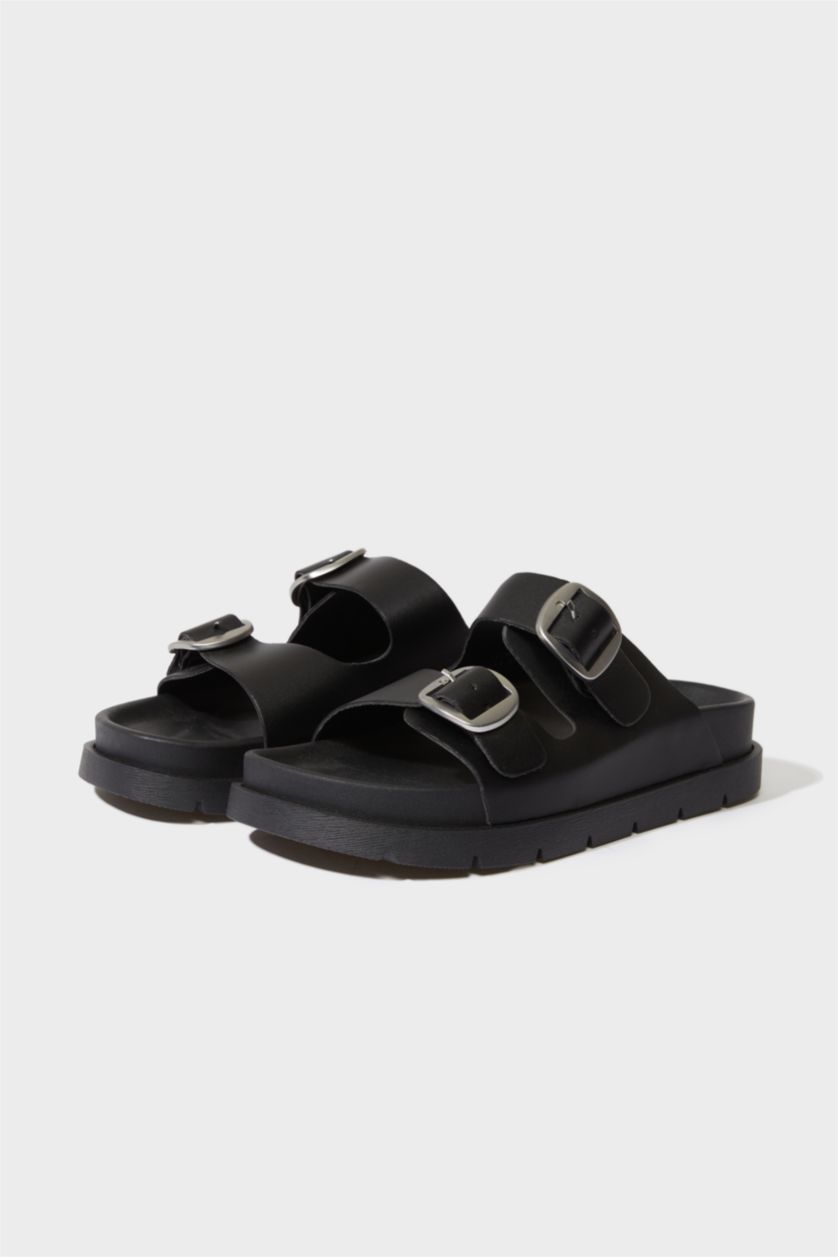 FEMME Noir Sandales à deux brides en simili cuir pour femme