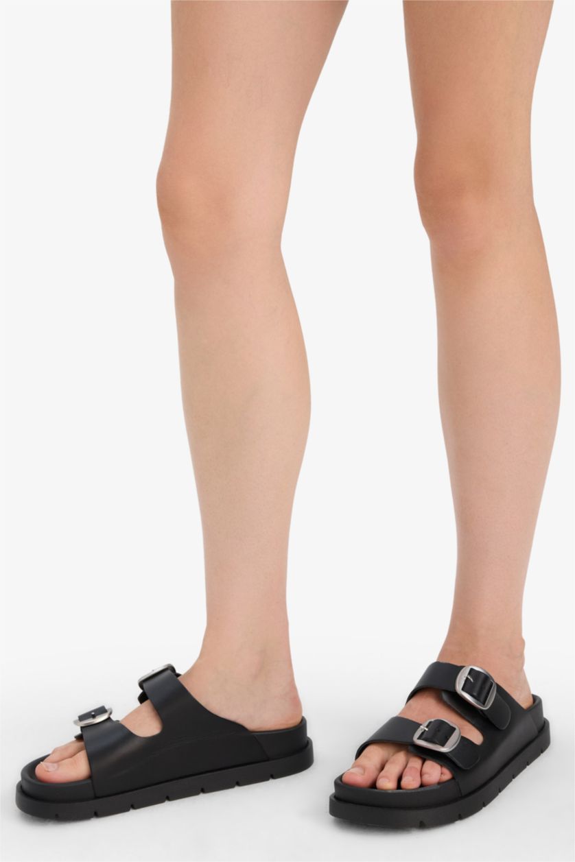 FEMME Noir Sandales à deux brides en simili cuir pour femme