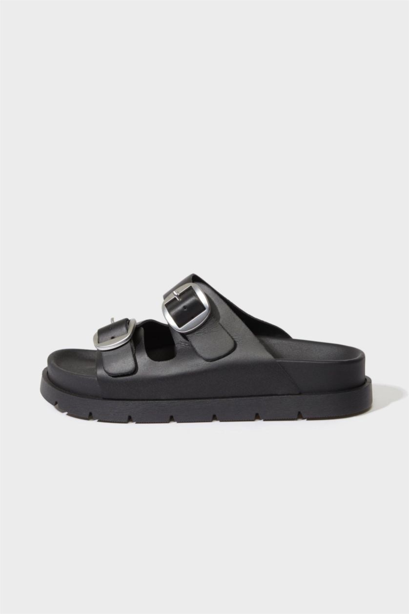 FEMME Noir Sandales à deux brides en simili cuir pour femme