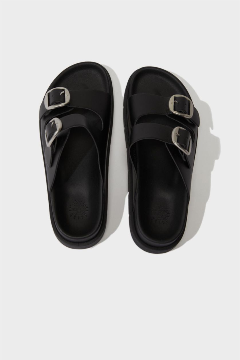 FEMME Noir Sandales à deux brides en simili cuir pour femme