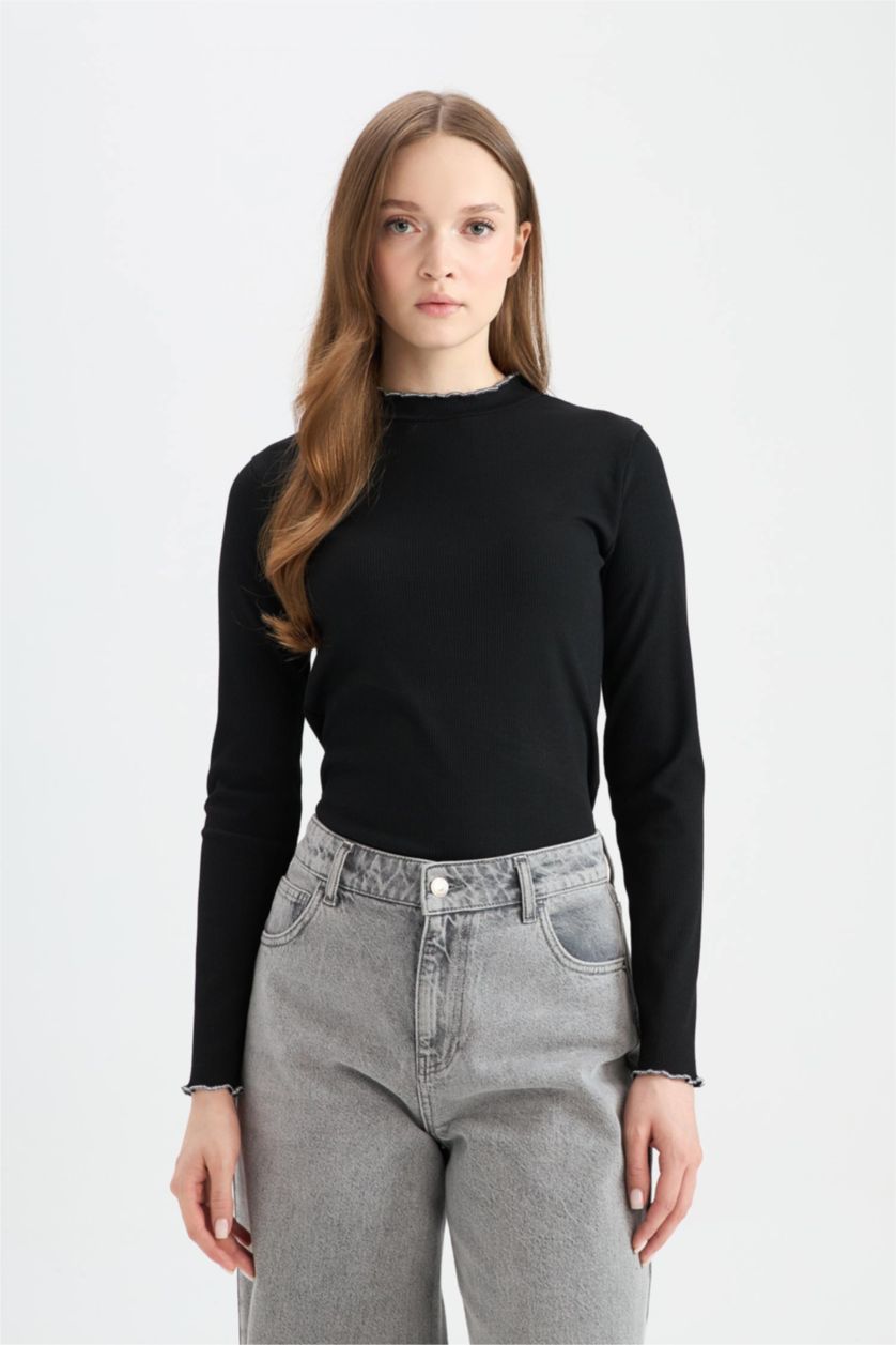 WOMAN Black Corduroy Basic Long Sleeve T-Shirt Tunic