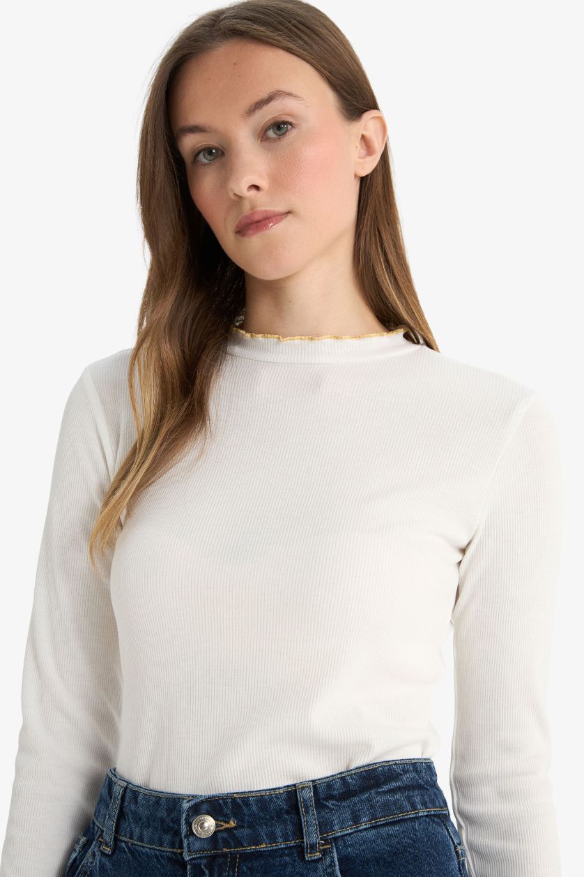 Woman Ecru Corduroy Basic Long Sleeve T-Shirt Tunic