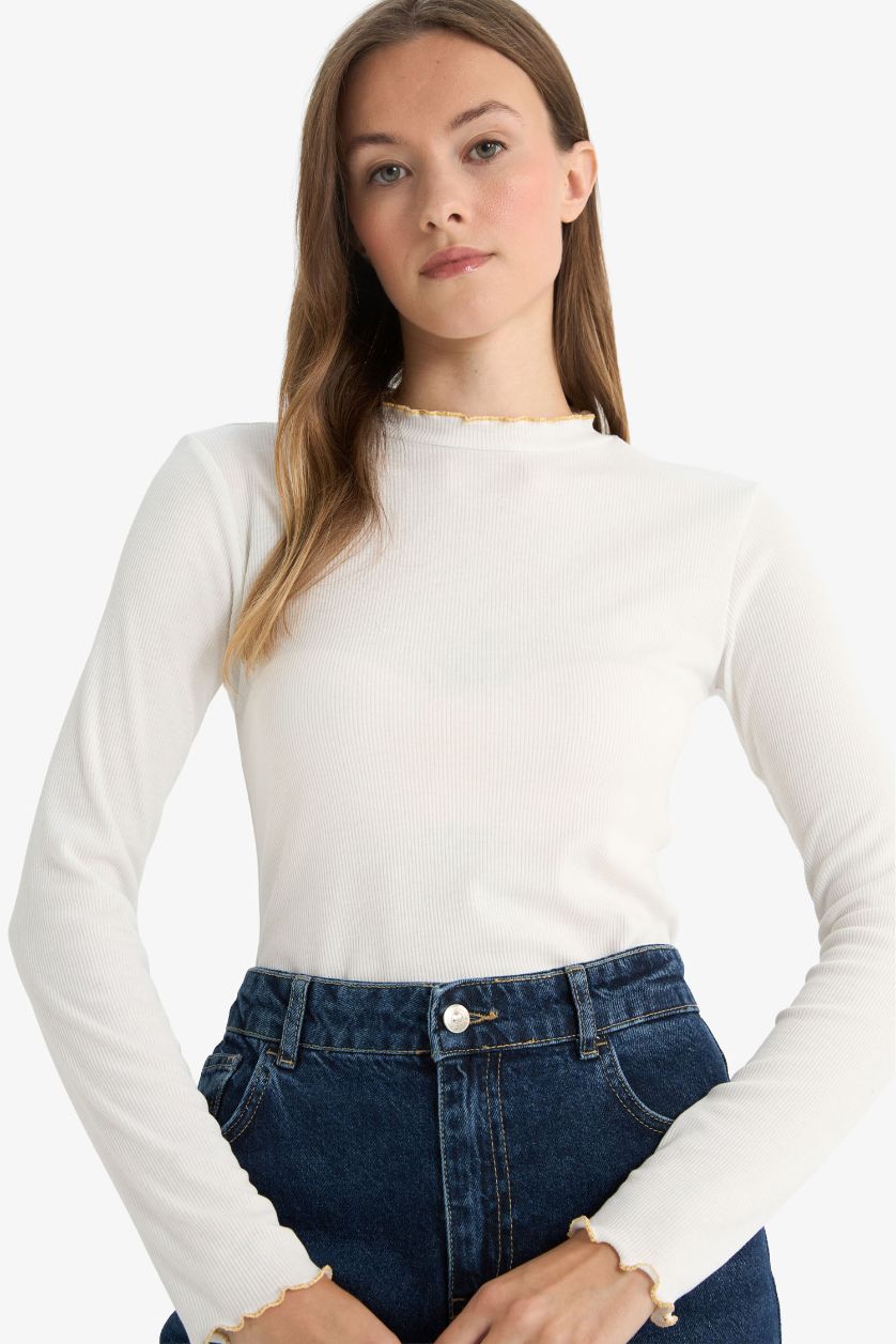 Woman Ecru Corduroy Basic Long Sleeve T-Shirt Tunic