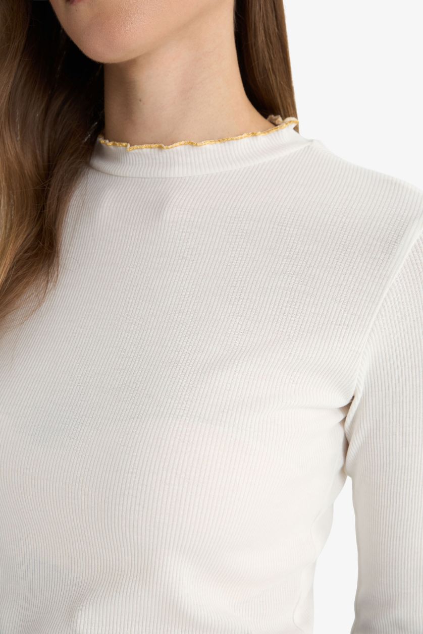 Woman Ecru Corduroy Basic Long Sleeve T-Shirt Tunic