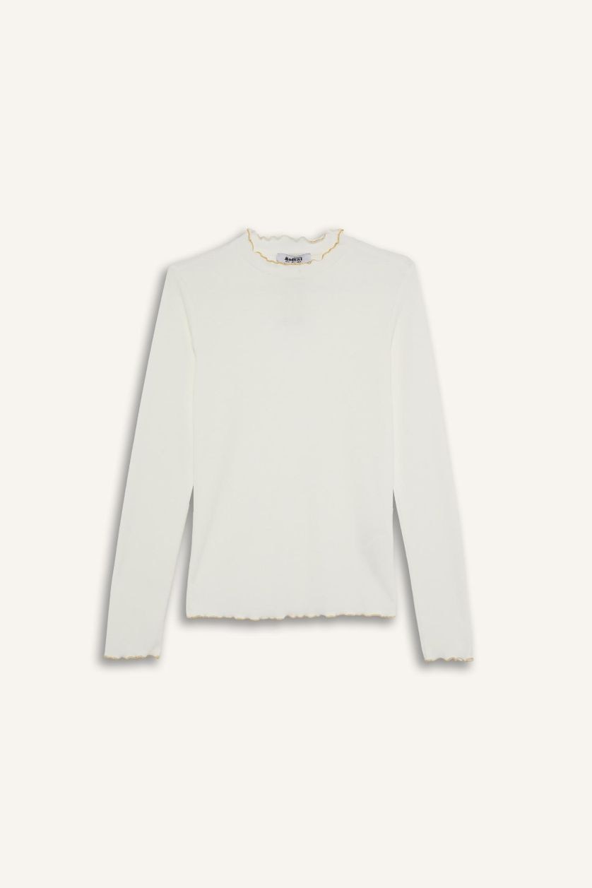 Woman Ecru Corduroy Basic Long Sleeve T-Shirt Tunic