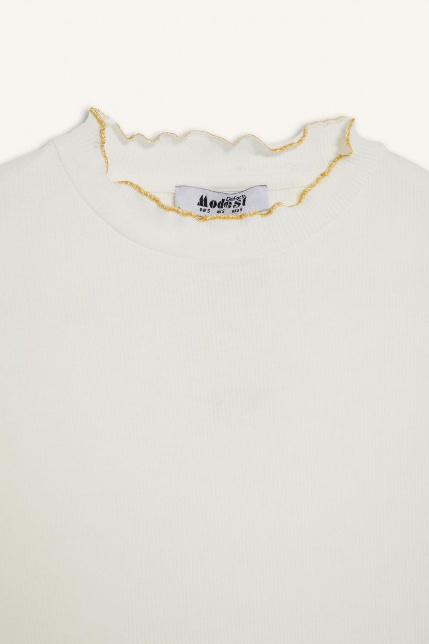 Woman Ecru Corduroy Basic Long Sleeve T-Shirt Tunic