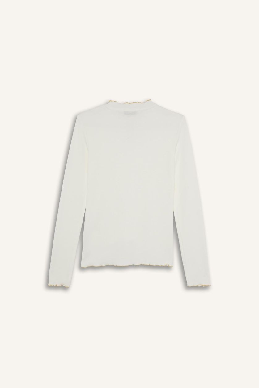 Woman Ecru Corduroy Basic Long Sleeve T-Shirt Tunic