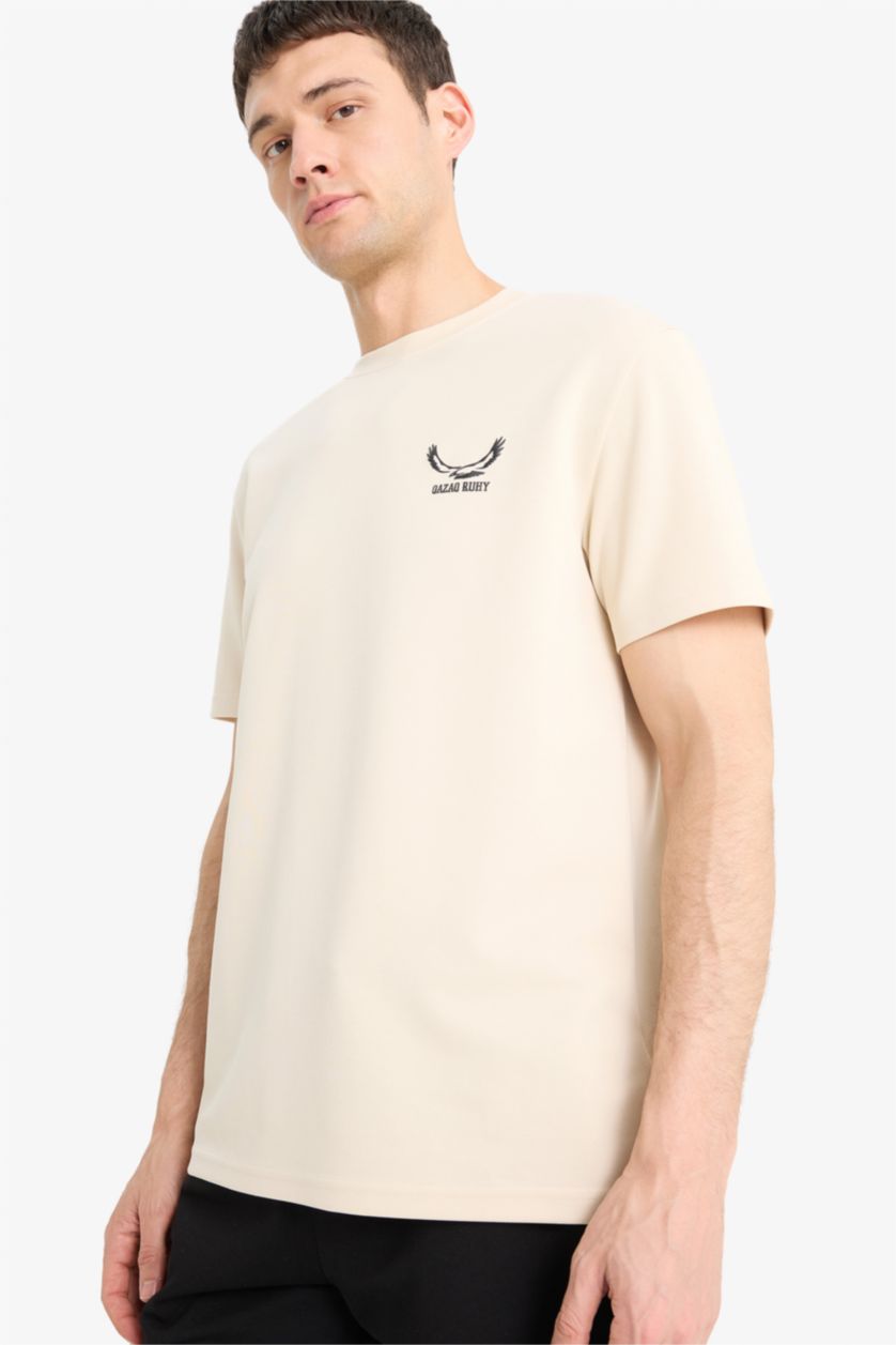 Мужчины Бежевый Регулярный крой, круглый вырез, футболка с коротким рукавом и слоганом