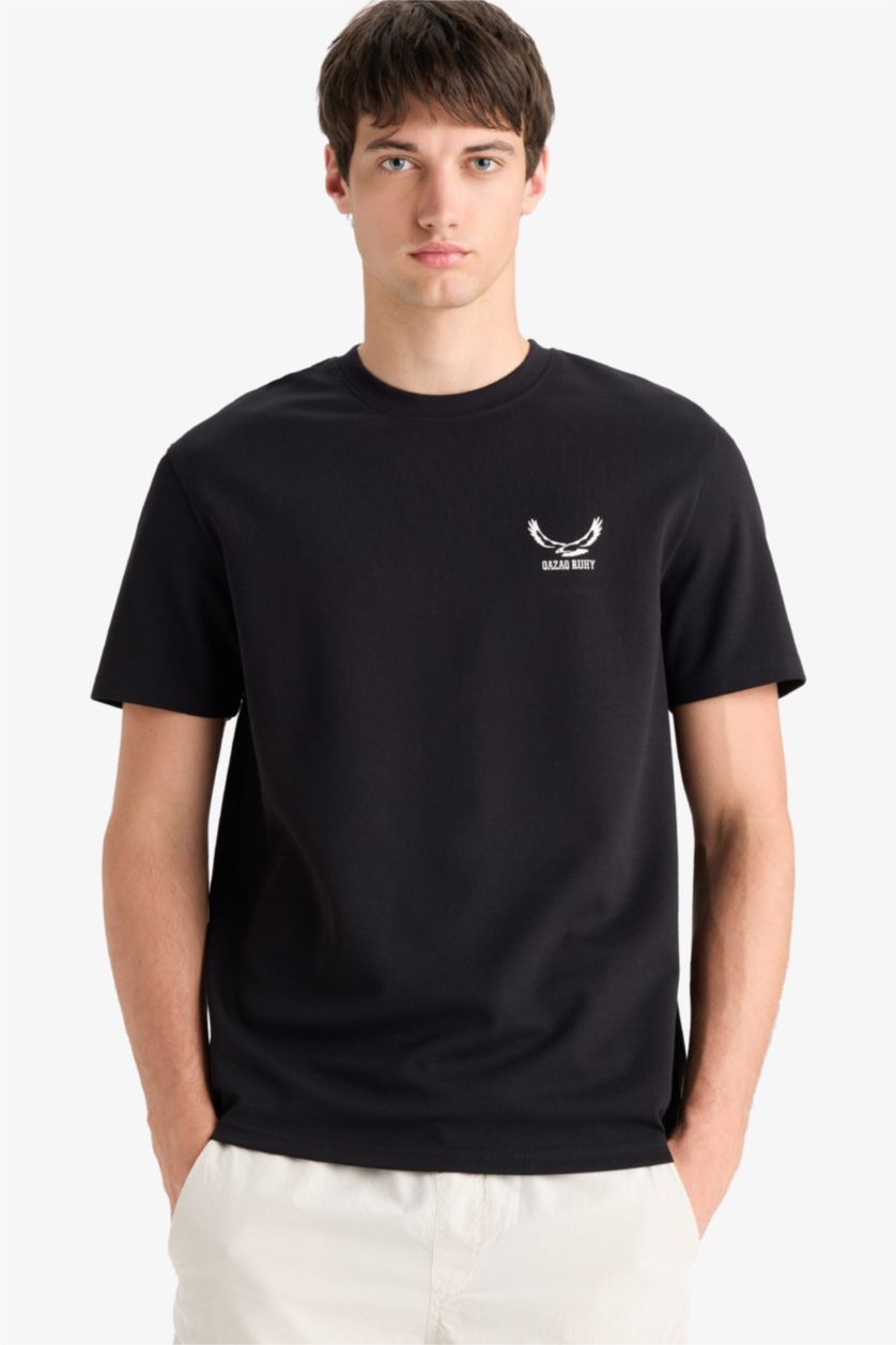 Ерлер қара дөңгелек жаға минималл слоган Қысқа жеңді футболка