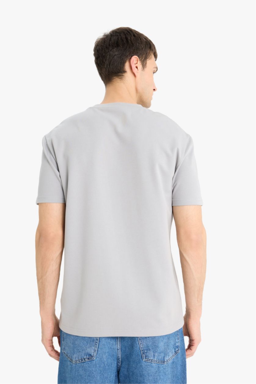 رجالي رمادي فاتح تيشيرت نص كم قصة عادية مطبوع برقبة مستديرة