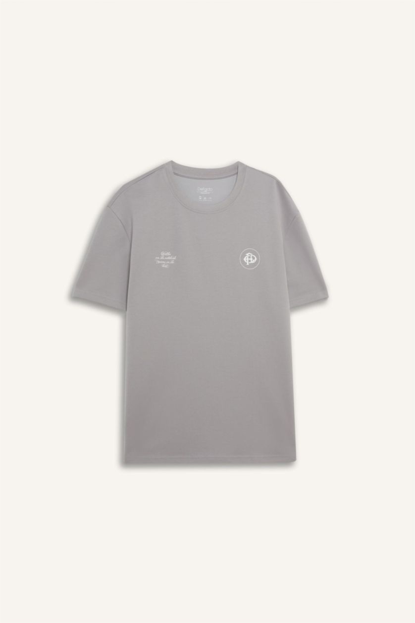 رجالي رمادي فاتح تيشيرت نص كم قصة عادية مطبوع برقبة مستديرة