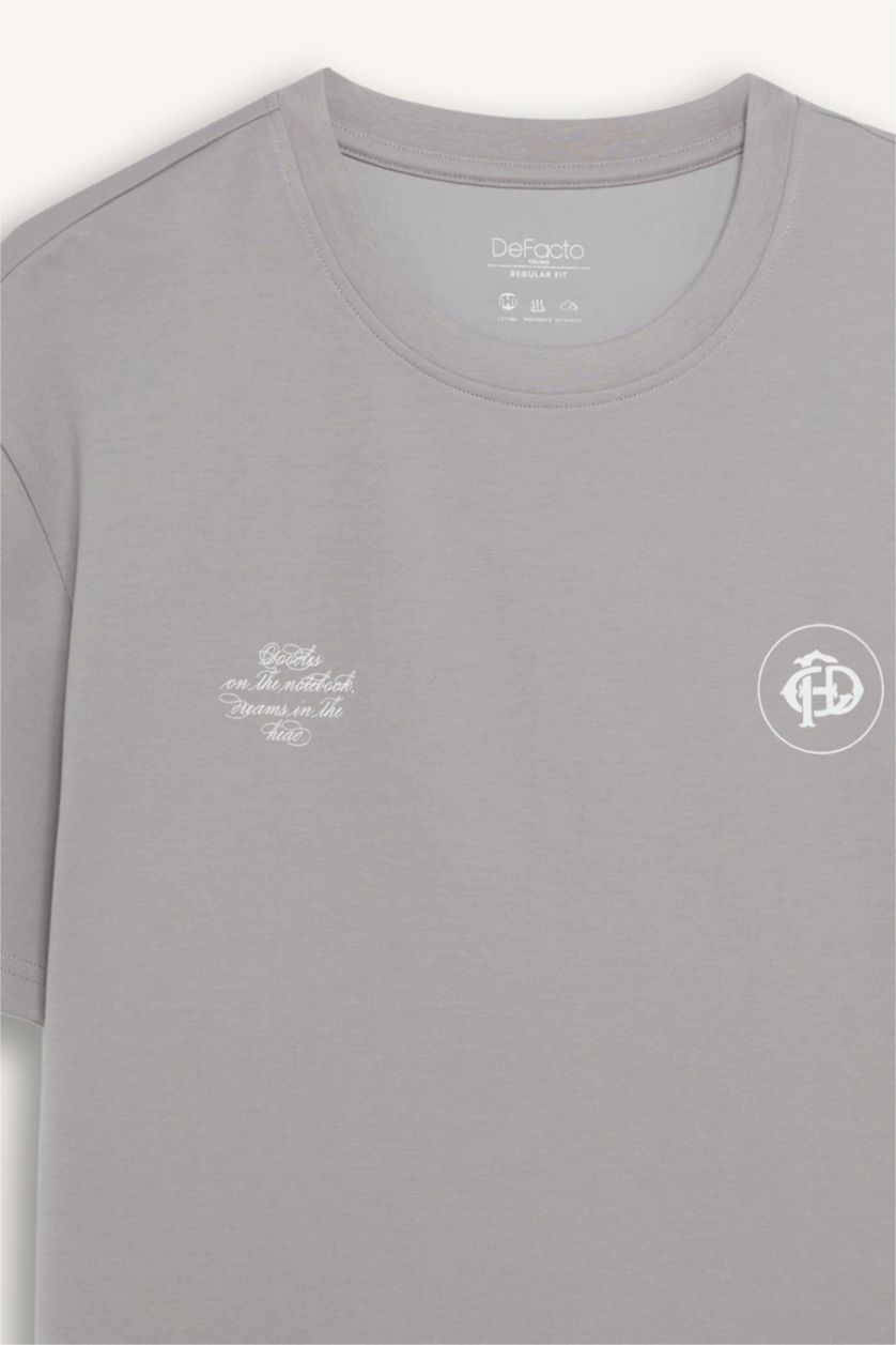 رجالي رمادي فاتح تيشيرت نص كم قصة عادية مطبوع برقبة مستديرة