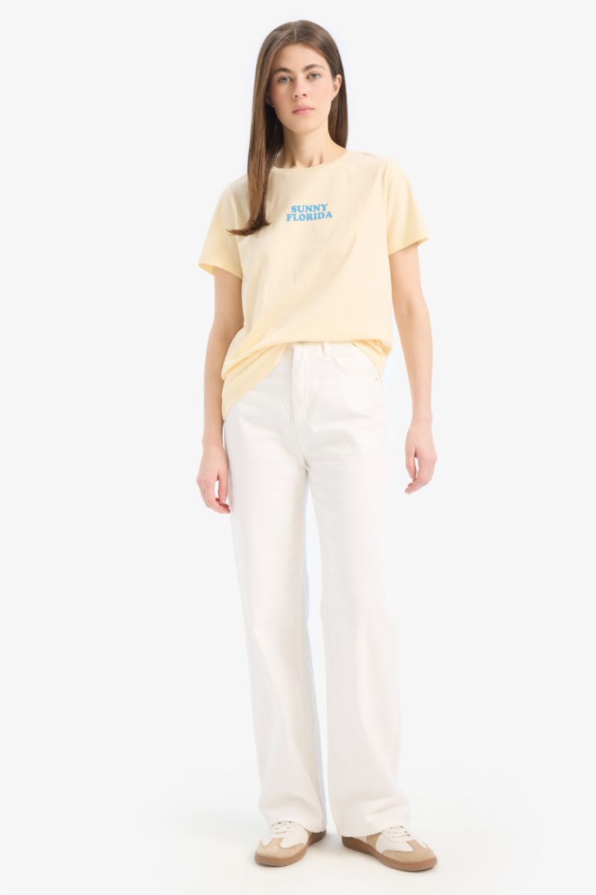 نساء أصفر فاتح تيشيرت نص كم مطبوع قصة عادية برقبة مستديرة