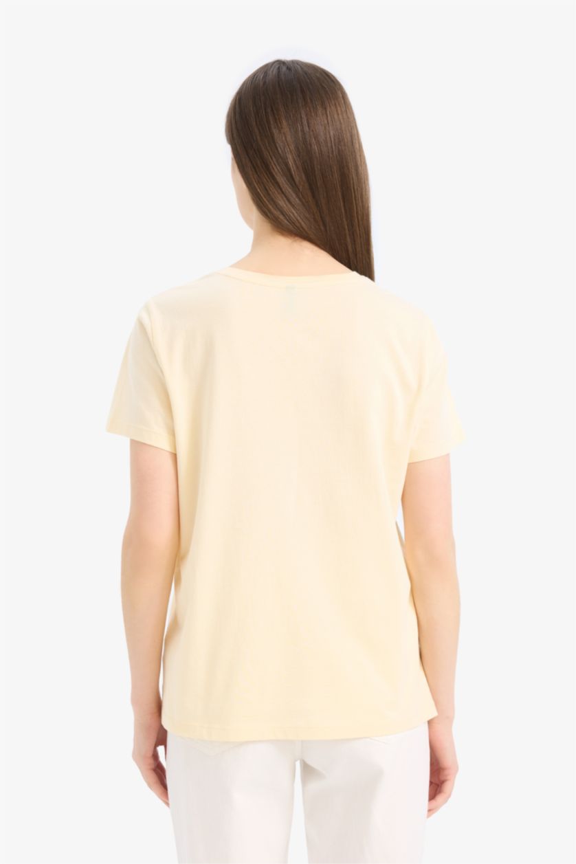 نساء أصفر فاتح تيشيرت نص كم مطبوع قصة عادية برقبة مستديرة