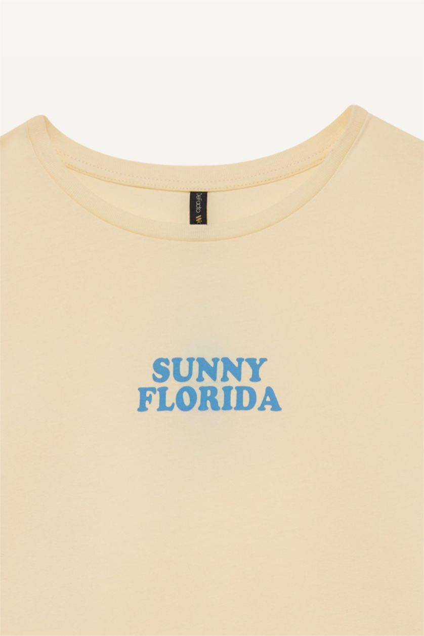 نساء أصفر فاتح تيشيرت نص كم مطبوع قصة عادية برقبة مستديرة