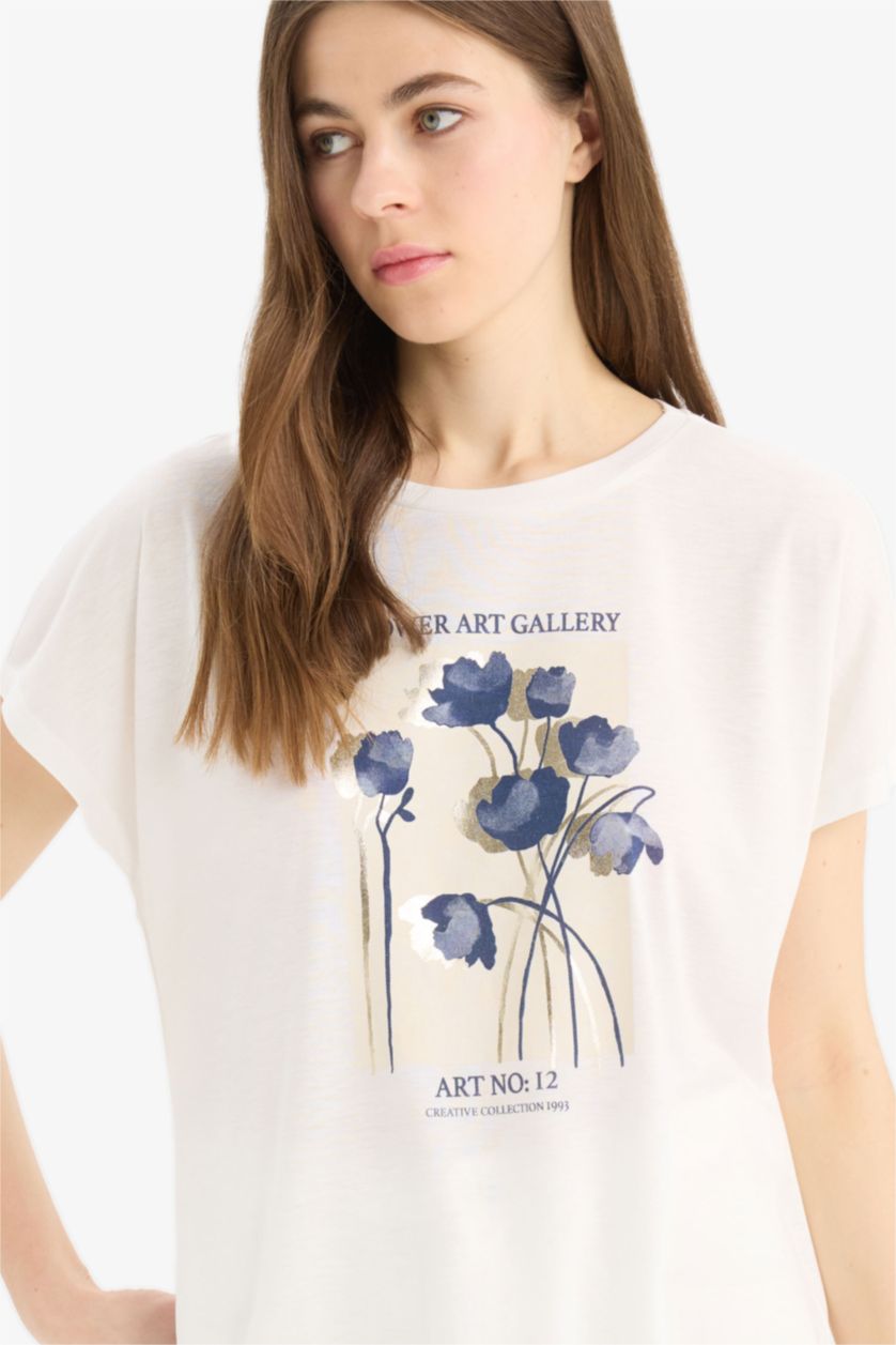 WOMAN Ecru Crew Neck Short Sleeve Floral T-Shirt