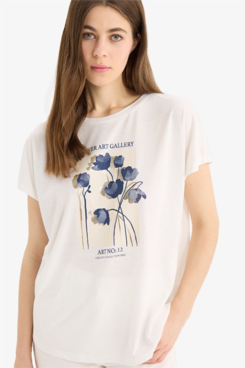 WOMAN Ecru Crew Neck Short Sleeve Floral T-Shirt