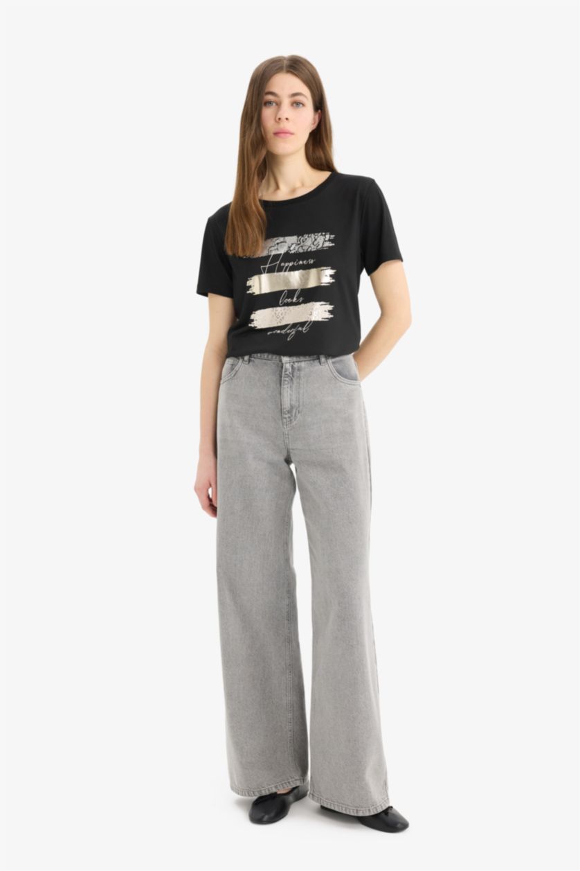 حريمي أسود تيشيرت نص كم قصة مريحة مطبوع