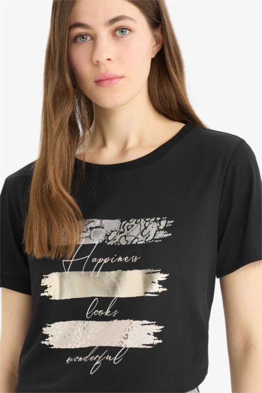 حريمي أسود تيشيرت نص كم قصة مريحة مطبوع