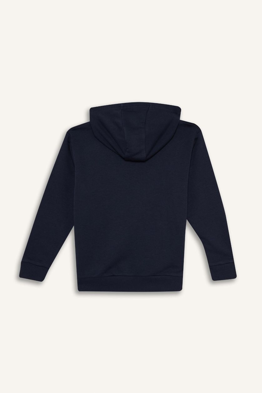 Erkek Çocuk - Genç Erkek Lacivert Basic Düz Kapüşonlu Fermuarlı Sweatshirt Erkek Çocuk