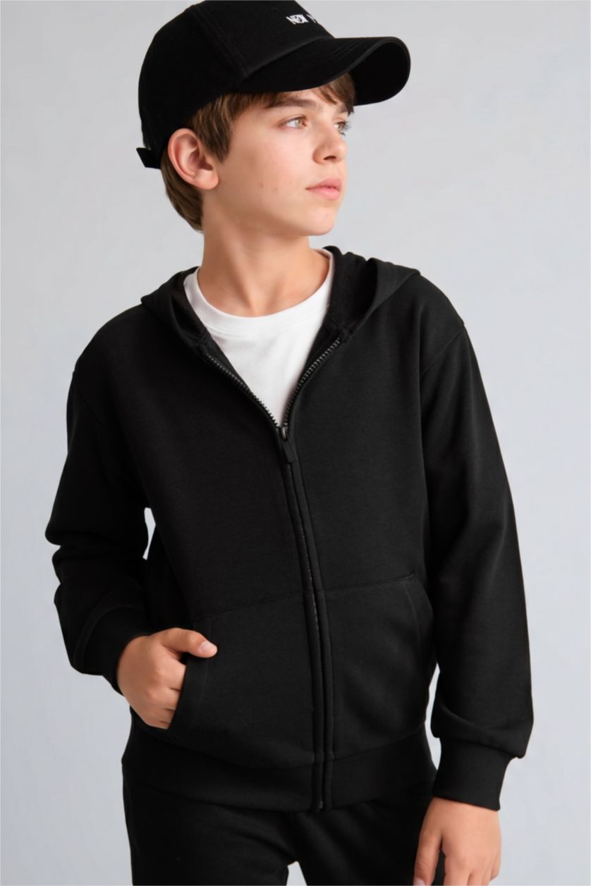 Young Boys - Teen Boys Black New Regular Fit Hooded Cardigan