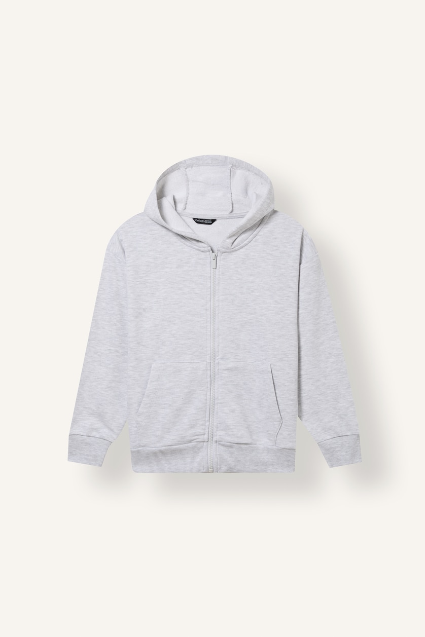 Erkek Çocuk - Genç Erkek Optik Gri Melanj Kapüşonlu Basic Fermuarlı Sweatshirt Hırka Erkek Çocuk