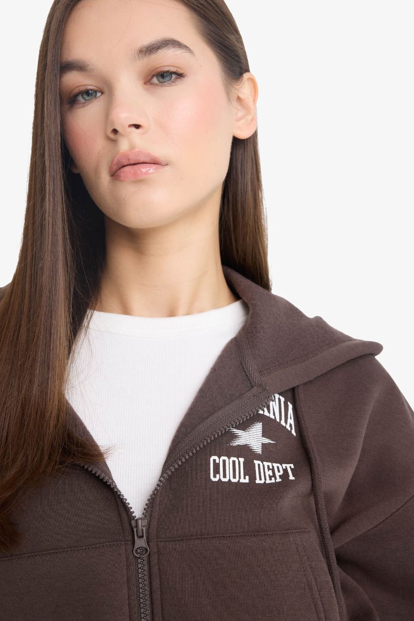 Женщины Коричневый Coool Oversize широкий крой, толстовка с капюшоном, с принтом на спине, на молнии