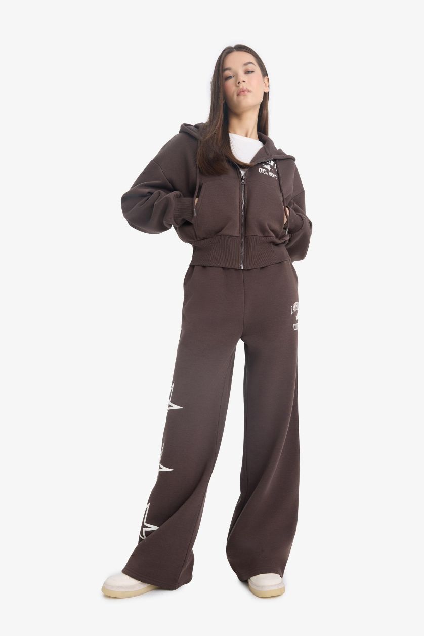 Kadın Kahve Wide Leg Geniş Paça Baskılı Kalın Eşofman Altı