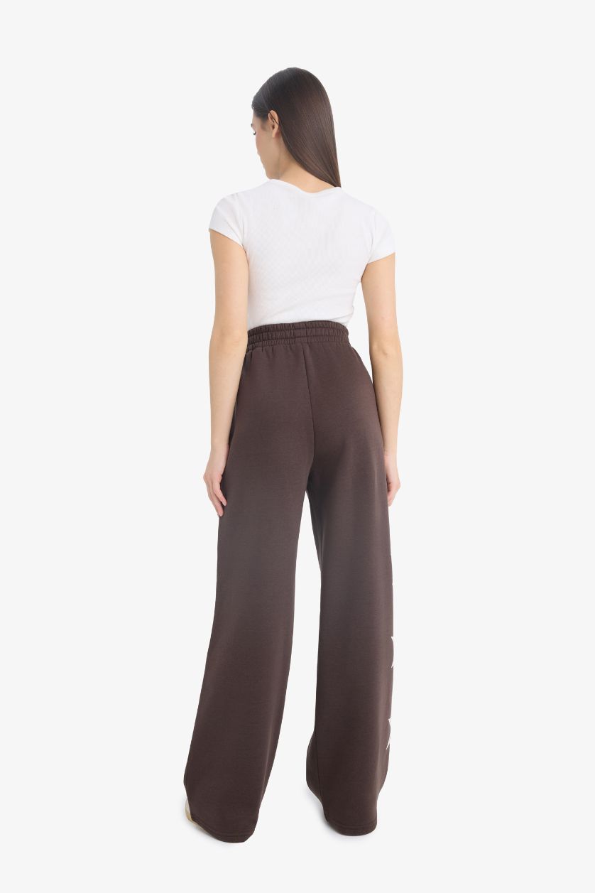 Kadın Kahve Wide Leg Geniş Paça Baskılı Kalın Eşofman Altı