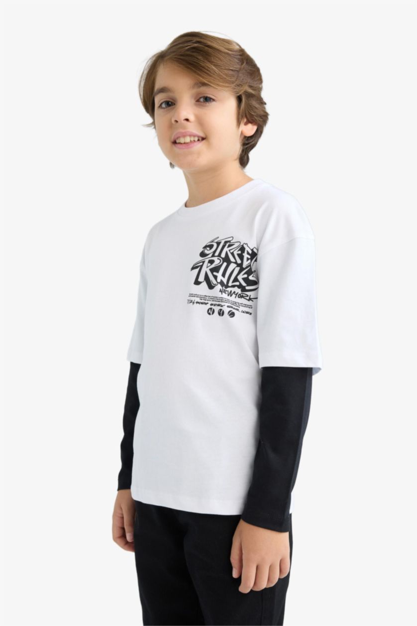 Erkek Çocuk - Genç Erkek Beyaz Oversize Geniş Kalıp Bisiklet Yaka Baskılı Uzun Kollu Tişört Erkek Çocuk