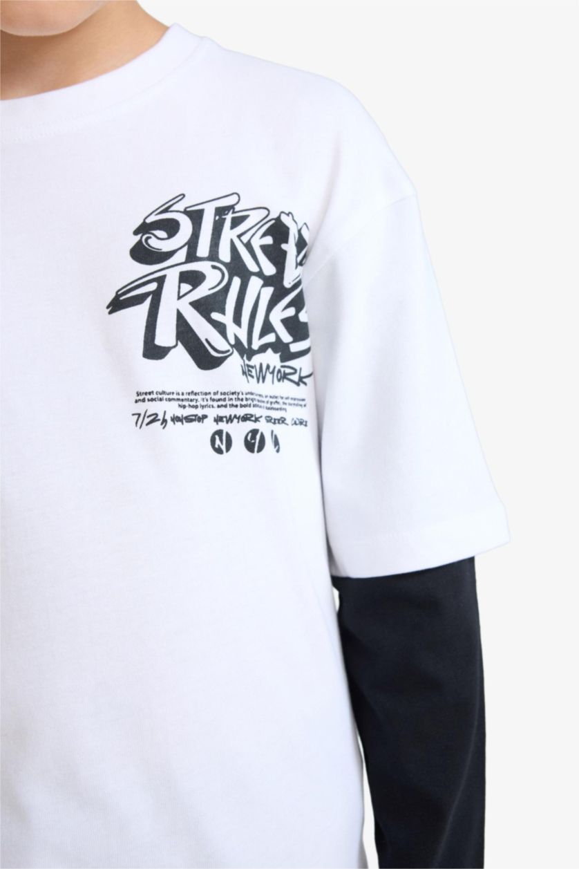 Erkek Çocuk - Genç Erkek Beyaz Oversize Geniş Kalıp Bisiklet Yaka Baskılı Uzun Kollu Tişört Erkek Çocuk