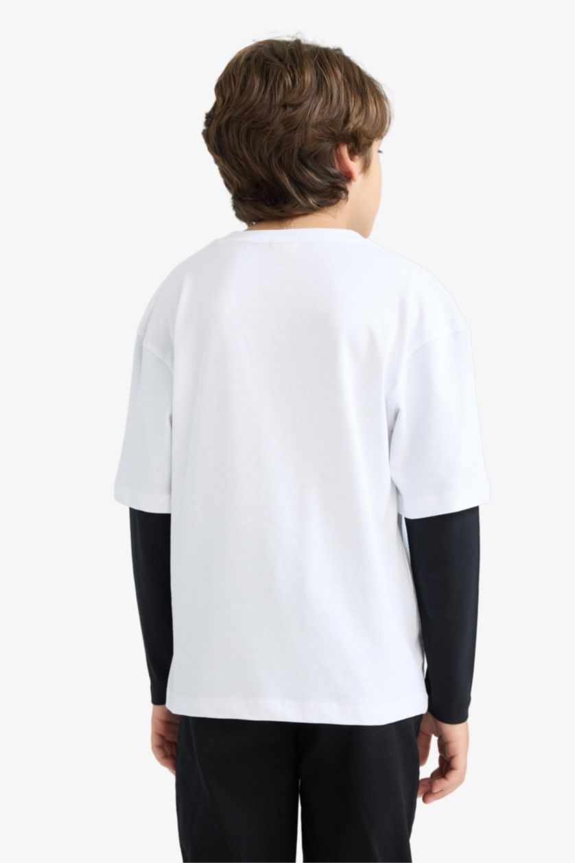 Erkek Çocuk - Genç Erkek Beyaz Oversize Geniş Kalıp Bisiklet Yaka Baskılı Uzun Kollu Tişört Erkek Çocuk
