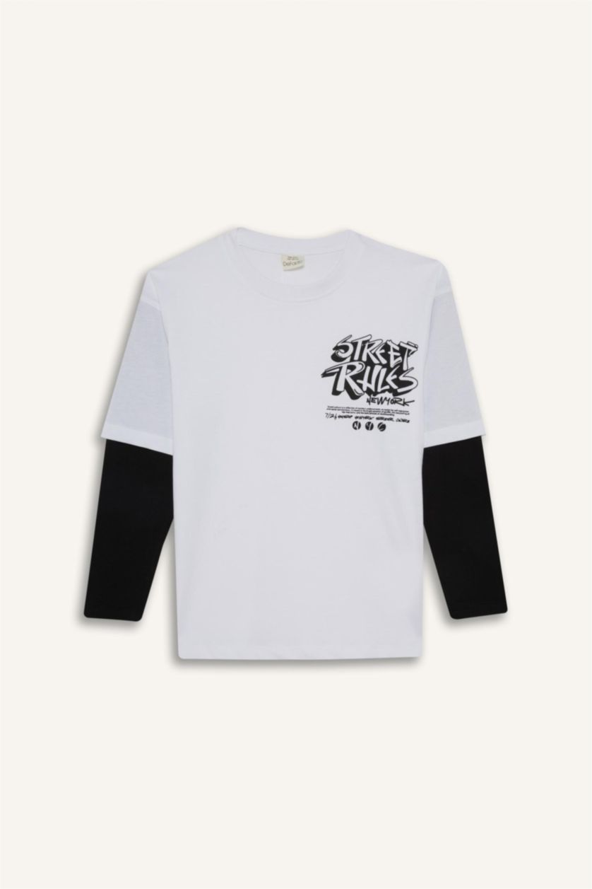 Erkek Çocuk - Genç Erkek Beyaz Oversize Geniş Kalıp Bisiklet Yaka Baskılı Uzun Kollu Tişört Erkek Çocuk