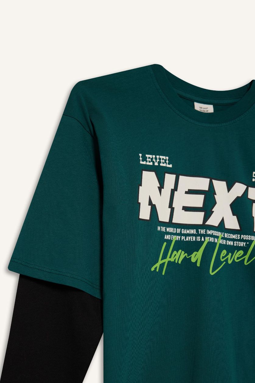 أولاد أخضر تيشيرت كم طويل اوفر سايز مطبوع برقبة مستديرة